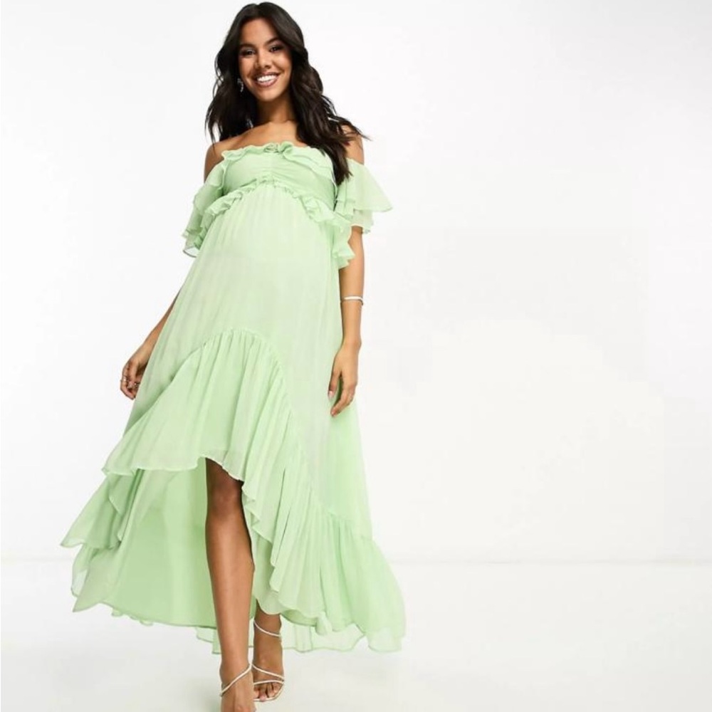 Maternity - Elegant Green Off-Shoulder Dress